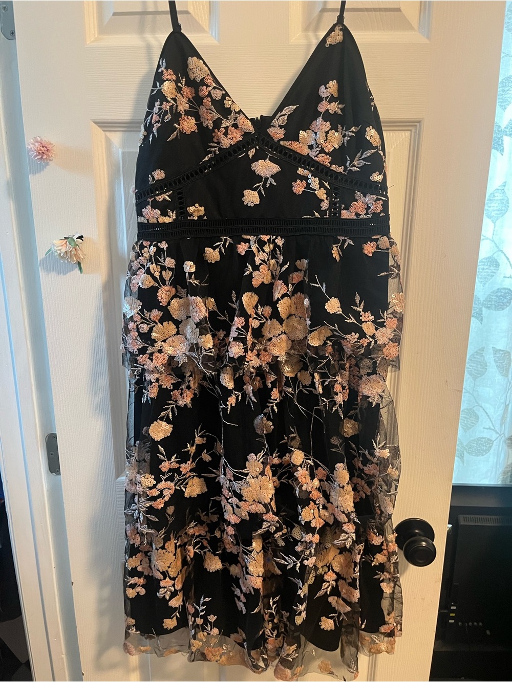 Lulu's Black Floral Embroidered Tiered Dress with Pink Flowers